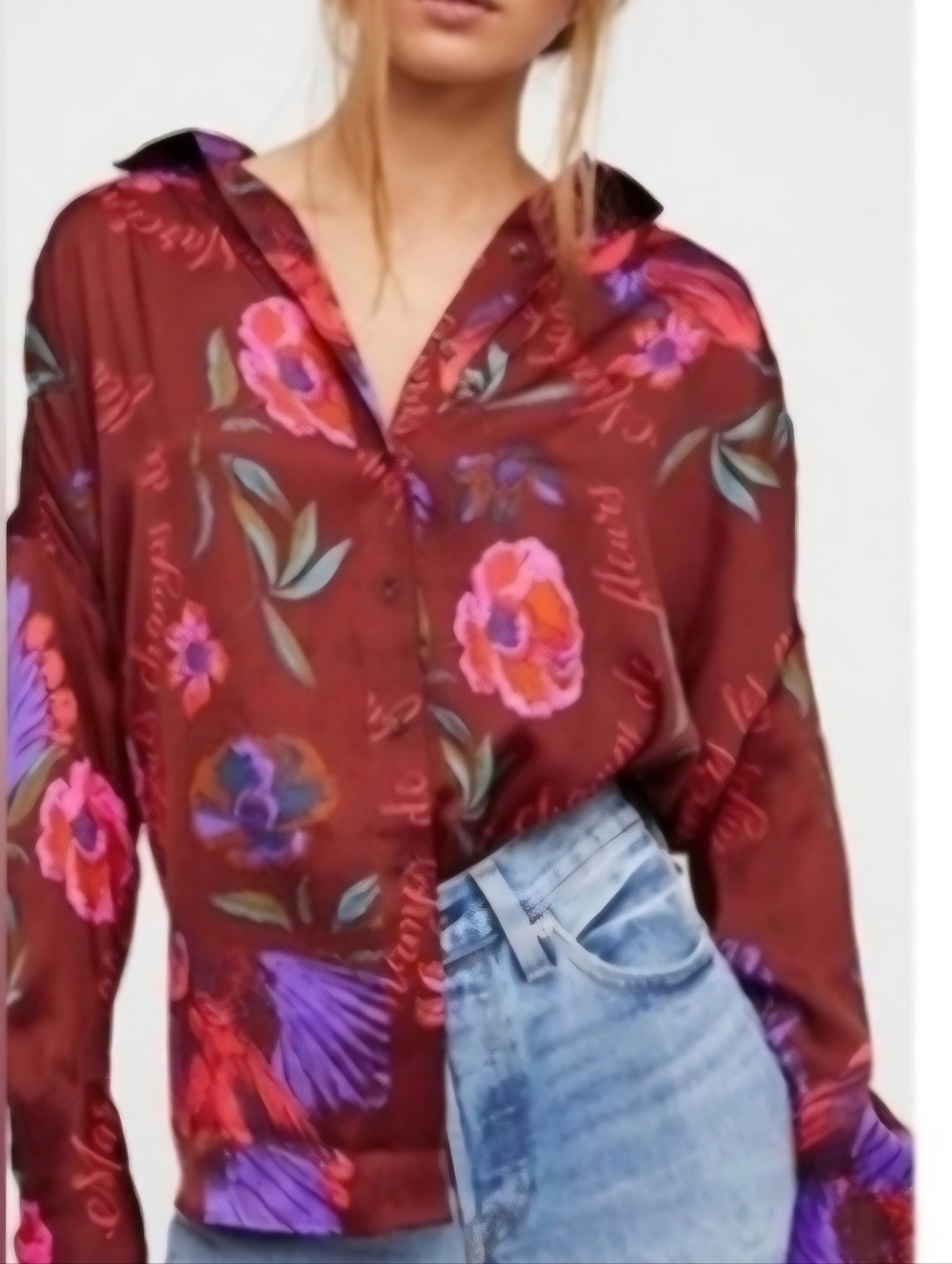 FREE PEOPLE Floral Satin Button-Front Blouse - Burgundy, Size L